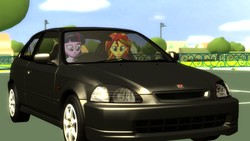 Size: 1920x1080 | Tagged: safe, artist:fivefreddy, sunset shimmer, twilight sparkle, alicorn, human, equestria girls, g4, 3d, car, cloud, driving, duo, gmod, honda, honda civic, honda civic type r, lamppost, parking lot, sky, tree, twilight sparkle (alicorn)
