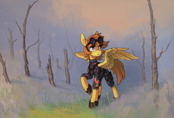 Size: 2091x1421 | Tagged: safe, artist:koviry, oc, oc only, oc:kes, pegasus, pony, camouflage, clothes, commission, goggles, military uniform, solo, spread wings, uniform, wings, ych result
