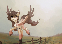 Size: 2785x2001 | Tagged: safe, artist:koviry, oc, oc only, oc:candy floss (marbola), pegasus, pony, art trade, female, fence, high res, mare, scenery, smiling, solo, spread wings, wings
