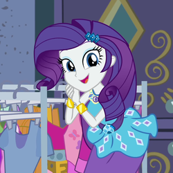 Size: 1077x1078 | Tagged: safe, screencap, rarity, equestria girls, equestria girls series, g4, street chic, spoiler:eqg series (season 2), belt, bending, blue eyes, blue eyeshadow, breaking the fourth wall, clothes, clothes rack, cropped, cute, eyeshadow, female, frilly design, geode of shielding, gold, grin, hairpin, hands together, jewelry, light skin, magical geodes, makeup, open mouth, open smile, pencil skirt, pendant, purple eyebrows, purple hair, raribetes, rarity peplum dress, skirt, sleeveless, smiling, solo, talking, talking to viewer, tank top
