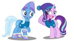 Size: 1859x1024 | Tagged: safe, artist:mundschenk85, starlight glimmer, trixie, pony, unicorn, g4, :o, blushing, clothes, cute, diatrixes, female, glimmerbetes, hat, looking at each other, looking at someone, mare, open mouth, raised hoof, shoes, show accurate, simple background, transparent background, vector, weather team, winter outfit, winter wrap up vest