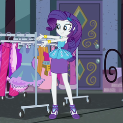 Size: 781x781 | Tagged: safe, screencap, rarity, equestria girls, g4, my little pony equestria girls: better together, street chic, bracelet, clothes, clothes rack, cropped, high heels, jewelry, rarity peplum dress, shoes, skirt, solo, window