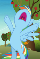 Size: 630x928 | Tagged: safe, screencap, rainbow dash, pegasus, pony, g4, grannies gone wild, bipedal, cropped, female, hooves in air, mare, open mouth, spread wings, wings