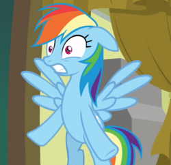 Size: 968x937 | Tagged: safe, screencap, rainbow dash, pegasus, pony, g4, grannies gone wild, bipedal, cropped, female, floppy ears, mare, scared, shrunken pupils, solo, spread wings, wings