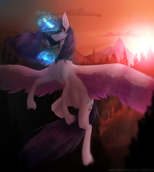 Size: 2500x2804 | Tagged: safe, artist:lastaimin, oc, oc only, oc:cosmic star, alicorn, pony, alicorn oc, book, colored wings, female, flying, forest, high res, horn, magic, mare, mountain, multicolored wings, reading, scenery, solo, spread wings, sun, sunrise, sunset, wings