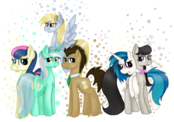 Size: 2795x1956 | Tagged: safe, artist:moonlight0shadow0, bon bon, derpy hooves, dj pon-3, doctor whooves, lyra heartstrings, octavia melody, sweetie drops, time turner, vinyl scratch, earth pony, pegasus, pony, unicorn, g4, background six, bowtie, female, flying, male, mare, necktie, simple background, stallion, transparent background