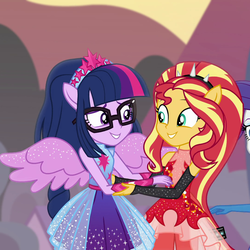 Size: 1080x1079 | Tagged: safe, screencap, sci-twi, sunset shimmer, twilight sparkle, human, equestria girls, equestria girls series, forgotten friendship, g4, clothes, cropped, dress, duo, happy, holding hands, looking at each other, ponied up, sleeveless, smiling, super ponied up