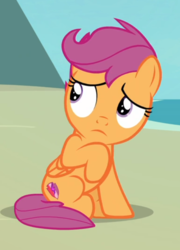 Size: 500x694 | Tagged: safe, screencap, scootaloo, pegasus, pony, g4, surf and/or turf, cropped, cutie mark, female, filly, sitting, solo, the cmc's cutie marks