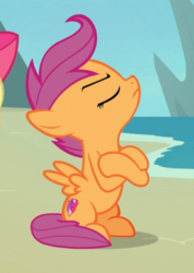 Size: 412x580 | Tagged: safe, screencap, apple bloom, scootaloo, earth pony, pegasus, pony, g4, surf and/or turf, cropped, crossed hooves, cutie mark, eyes closed, female, filly, offscreen character, pouting, sitting, solo focus, the cmc's cutie marks
