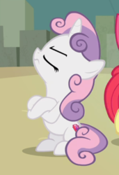 Size: 400x586 | Tagged: safe, screencap, apple bloom, sweetie belle, earth pony, pony, unicorn, g4, surf and/or turf, cropped, crossed hooves, cutie mark, eyes closed, female, filly, offscreen character, pouting, sitting, solo focus, the cmc's cutie marks