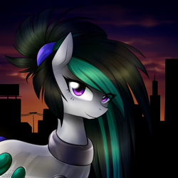 Size: 800x800 | Tagged: safe, artist:cosmalumi, oc, oc only, oc:nighttide star, cyborg, pony, bust, city, dusk, eye clipping through hair, female, hairband, looking at you, mare, smiling