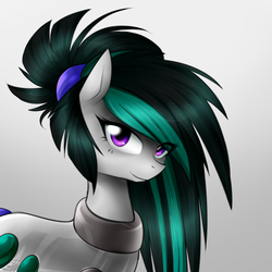Size: 800x800 | Tagged: safe, artist:cosmalumi, oc, oc only, oc:nighttide star, cyborg, pony, bust, eye clipping through hair, female, gradient background, hairband, looking at you, mare, smiling, solo