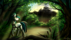 Size: 1920x1080 | Tagged: safe, artist:cosmalumi, oc, oc only, oc:nighttide star, cyborg, pony, female, looking back, mare, mountain, nature, scenery, smiling, solo, standing, tree