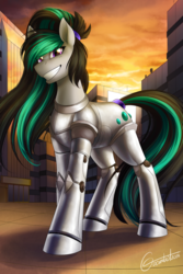 Size: 1200x1800 | Tagged: safe, artist:cosmalumi, oc, oc only, oc:nighttide star, cyborg, earth pony, pony, amputee, city, female, low angle, mare, prosthetic limb, prosthetics, smiling, solo, standing, sunset