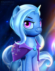 Size: 4564x5834 | Tagged: safe, artist:kityenmatoi, trixie, pony, g4, absurd resolution, bust, cape, clothes, gem, looking at you, modern art, portrait, smiling, stars