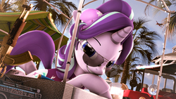 Size: 3840x2160 | Tagged: safe, artist:calveen, starlight glimmer, pony, unicorn, g4, 3d, ak-47, alcohol, alternate hairstyle, assault rifle, aviator sunglasses, beach, bed, boombox, bottle, buggy, car, chinese, clothes, drink, female, food, gazebo, glass, glasses, gun, high res, looking at you, lying down, one-piece swimsuit, palm tree, radio, raised tail, rifle, smiling, smirk, solo, source filmmaker, sunglasses, sunscreen, surfboard, swimsuit, tail, tattoo, tequila, tree, umbrella, weapon