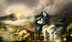 Size: 3084x1820 | Tagged: safe, artist:whit3-dr4g0n, oc, oc only, oc:nighttide star, cyborg, pony, female, mare, scenery, solo, standing