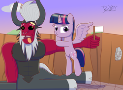Size: 2000x1455 | Tagged: safe, artist:trackheadtherobopony, lord tirek, twilight sparkle, alicorn, pony, g4, aftermath, bandage, broken horn, defeated, flexing, good end, horn, smiling, smirk, surrender, tongue out, twilight sparkle (alicorn), white flag, x eyes