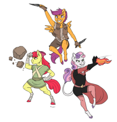 Size: 2401x2497 | Tagged: safe, artist:shimazun, apple bloom, scootaloo, sweetie belle, earth pony, pegasus, unicorn, anthro, unguligrade anthro, g4, armpits, avatar the last airbender, clothes, colored hooves, crossover, cutie mark crusaders, earthbender, fire, firebender, high res, nickelodeon, pyromancy, rock, simple background, transparent background