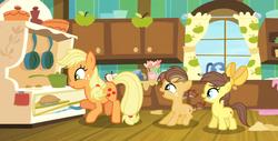 Size: 1866x946 | Tagged: safe, artist:velveagicsentryyt, applejack, oc, oc:apple flower, oc:appleseed, earth pony, pony, g4, base used, colt, female, filly, food, male, offspring, parent:applejack, parent:caramel, parents:carajack, pie