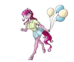Size: 2000x1687 | Tagged: safe, artist:akweer, pinkie pie, earth pony, anthro, unguligrade anthro, g4, balloon, clothes, female, legs, miniskirt, shirt, simple background, skirt, solo, white background