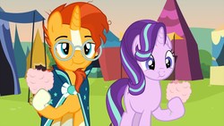 Size: 1280x720 | Tagged: safe, artist:agrol, starlight glimmer, sunburst, pony, time for two, g4, animated at source, cotton candy, eating, fan animation, female, male, ship:starburst, shipping, straight, tent, youtube link