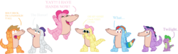Size: 1729x532 | Tagged: safe, artist:tarkan809, applejack, fluttershy, pinkie pie, rainbow dash, rarity, spike, twilight sparkle, dragon, pangolin, g4, cute, facepalm, freakout, google, google doodle, hearts and hooves day, holiday, mane six, marshmelodrama, pangolin love (google doodle game), pangolinified, simple background, spell, transformation, transparent background, valentine's day