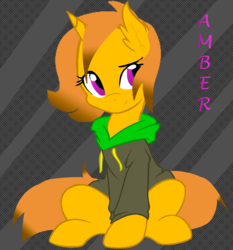 Size: 862x926 | Tagged: safe, artist:skyarrow, oc, oc only, oc:amber honeycombs, pony, unicorn, base used, clothes, female, hoodie, mare, sitting, solo, text