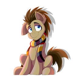 Size: 1996x2041 | Tagged: safe, artist:tehshockwave, doctor whooves, time turner, earth pony, pony, g4, clothes, cute, doctorbetes, floppy ears, fourth doctor's scarf, male, scarf, simple background, sitting, smug, solo, stallion, striped scarf, white background