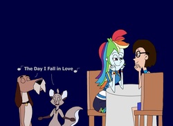Size: 2460x1792 | Tagged: safe, artist:hunterxcolleen, rainbow dash, oc, oc:stewart gary, cat, dog, human, equestria girls, g4, my little pony equestria girls: better together, buster the dog, chair, crossover, gwendolyn the cat, singing, table, the fearless four