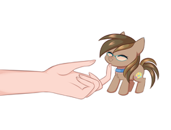 Size: 4320x3284 | Tagged: safe, artist:pesty_skillengton, oc, oc only, oc:dawnsong, earth pony, pony, chin scratch, collar, cute, female, glasses, hand, happy, simple background, smol, solo, tiny, tiny ponies, white background, ych result
