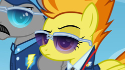 Size: 1280x720 | Tagged: safe, screencap, spitfire, whiplash, pegasus, pony, g4, wonderbolts academy, captain of the wonderbolts, clothes, confused, drill sergeant, duo, facial hair, female, folded wings, frown, impatient, leader, male, mare, moustache, narrowed eyes, necktie, raised eyebrow, spitfire's tie, stallion, sunglasses, uniform, wonderbolts dress uniform, wonderbolts uniform