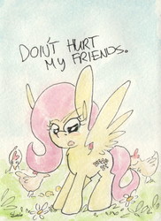 Size: 699x958 | Tagged: safe, artist:slightlyshade, fluttershy, bird, chicken, pony, g4, angry, female, grass, long ears, solo, text, traditional art