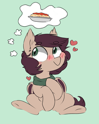 Size: 1764x2220 | Tagged: safe, artist:pucksterv, oc, oc only, oc:slumber tea, bat pony, pony, bat pony oc, blushing, clothes, cute, food, heart, holiday, pasta, scarf, solo, spaghetti, thought bubble, valentine's day