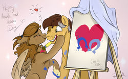 Size: 1280x795 | Tagged: safe, artist:rutkotka, oc, oc only, earth pony, pegasus, pony, big grin, boop, easel, eyes closed, female, grin, happy, heart, hearts and hooves day, husband and wife, love, male, mare, noseboop, one eye closed, paintbrush, smiling, stallion