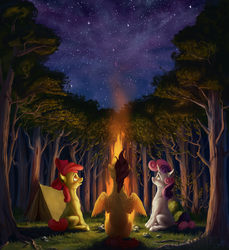 Size: 1920x2095 | Tagged: safe, artist:samum41, apple bloom, scootaloo, sweetie belle, earth pony, pegasus, pony, unicorn, g4, bow, campfire, cutie mark crusaders, female, filly, fire, grass, hair bow, night, scenery, sitting, spread wings, stars, tree, wings