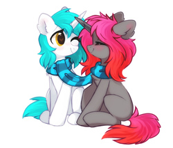 Size: 2100x1800 | Tagged: safe, artist:mirtash, oc, pony, unicorn, rcf community, blushing, chest fluff, clothes, commission, crossed horns, duo, ear fluff, female, heart, heart eyes, horn, horns are touching, lesbian, looking at each other, mare, one eye closed, scarf, shared clothing, shared scarf, shipping, simple background, sitting, smiling, white background, wingding eyes