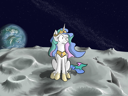 Size: 1600x1200 | Tagged: safe, artist:rocket-lawnchair, artist:sonicontinuum, princess celestia, alicorn, pony, g4, banished to the moon, earth, faic, female, hoof shoes, mare, moon, on the moon, role reversal, scenery, sitting, solo, space, the tables have turned, to the moon, wat, wide eyes