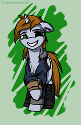 Size: 1280x1963 | Tagged: safe, artist:shido-tara, oc, oc only, oc:littlepip, pony, unicorn, fallout equestria, abstract background, chest fluff, clothes, ear fluff, fallout, fanfic, fanfic art, female, floppy ears, grin, hooves, horn, looking at you, mare, pipbuck, raised hoof, shoes, smiling, solo