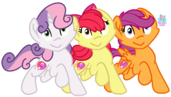 Size: 1939x1101 | Tagged: safe, artist:rainbow eevee, apple bloom, scootaloo, sweetie belle, earth pony, pegasus, pony, unicorn, g4, cute, cutie mark, cutie mark crusaders, derp, female, simple background, the cmc's cutie marks, transparent background, wat