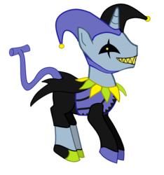 Size: 2200x2350 | Tagged: safe, artist:maxter-advance, pony, unicorn, spoiler:deltarune, cape, chaos, clothes, crossover, deltarune, high res, jester, jevil, ponified, solo