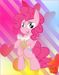Size: 1024x1297 | Tagged: safe, artist:ndogmario, pinkie pie, g4, abstract background, bipedal, cookie, food, frosting, heart shaped, holiday, looking at you, standing upright, valentine's day