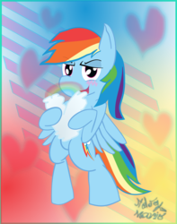 Size: 1024x1297 | Tagged: safe, artist:ndogmario, rainbow dash, pony, g4, abstract background, bipedal, blushing, cloud, female, heart, heart shaped, holiday, rainbow, solo, standing upright, valentine's day