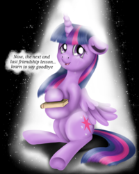 Size: 1024x1280 | Tagged: safe, artist:valemjj, twilight sparkle, alicorn, pony, g4, season 9, book, crying, end of g4, end of ponies, female, final season, last season, looking at you, solo, spotlight, tears of joy, the end, this will end in tears, twilight sparkle (alicorn)