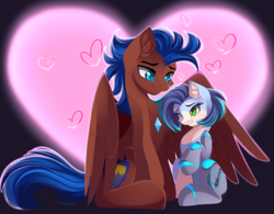 Size: 2769x2165 | Tagged: safe, artist:airiniblock, oc, oc only, oc:ash wing, oc:nimble wing, earth pony, pegasus, pony, rcf community, ashble, commission, ear fluff, eye contact, heart, heart background, hearts and hooves day, heterochromia, high res, holiday, hug, jewelry, looking at each other, mechanical legs, necklace, raised hoof, shipping, valentine's day, winghug