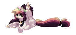 Size: 1280x593 | Tagged: safe, artist:php146, oc, oc only, oc:ayaka, pegasus, pony, alternate design, eye clipping through hair, female, floral head wreath, flower, mare, ponified, solo, species swap