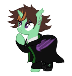 Size: 3576x3760 | Tagged: safe, artist:magicdarkart, oc, oc only, oc:mareula snyde, alicorn, bat pony, bat pony alicorn, pony, alicorn oc, bat pony oc, boots, cape, cloak, clothes, commission, crossover, ear piercing, earring, eyeshadow, fangs, female, harry potter (series), high res, hogwarts mystery, jewelry, makeup, mare, merula snyde, necktie, piercing, raised hoof, shoes, simple background, slytherin, socks, solo, stockings, thigh highs, torn clothes, transparent background