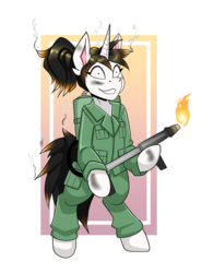 Size: 1192x1615 | Tagged: safe, artist:ansil, oc, oc only, oc:neigh palm, pony, flamethrower, military, military uniform, solo, weapon