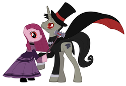Size: 4008x2728 | Tagged: safe, discord, pinkie pie, pony, vampire, g4, clothes, crossover, daria cohen, dress, female, fishnet stockings, male, mare, missi and the duke, pinkamena diane pie, ponified, pony discord, ship:discopie, shipping, stallion, straight, the night