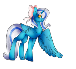 Size: 512x461 | Tagged: safe, artist:hunny-bun-bunn, oc, oc:fleurbelle, alicorn, pony, adorabelle, adorable face, alicorn oc, bow, cute, female, hair bow, happy, long hair, long mane, long tail, looking back, looking up, mare, pink bow, ribbon, shy, smiling, spread wings, sweet, wings, yellow eyes